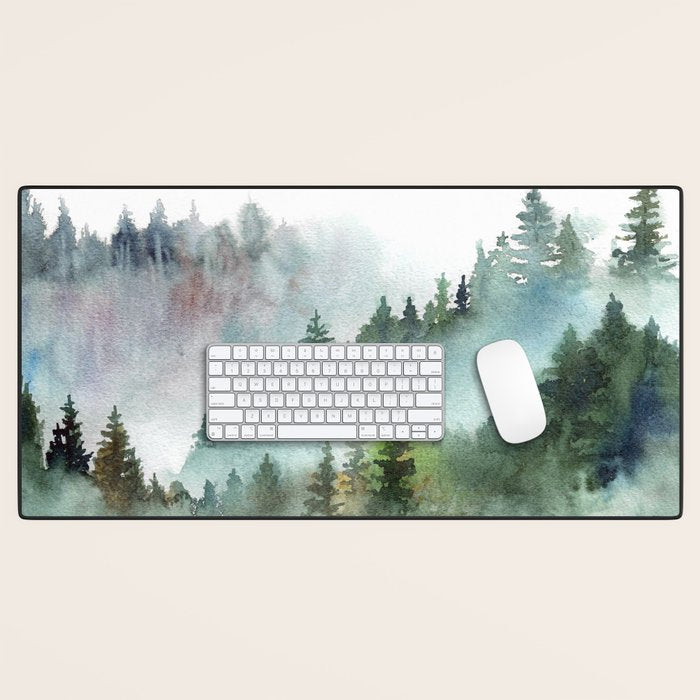 Watercolor Pine Forest Mountains in the Fog Desk Mat Gallery Image 1