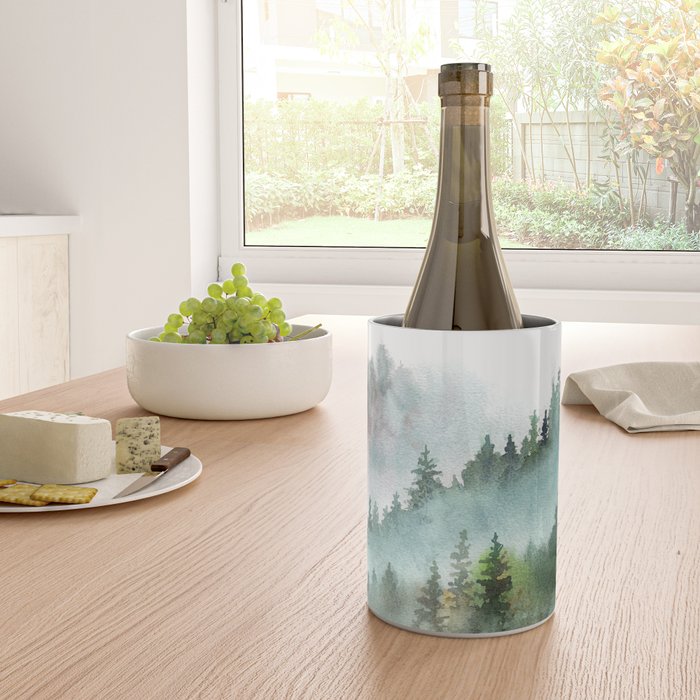 Watercolor Pine Forest Mountains in the Fog Wine Chiller Gallery Image 4
