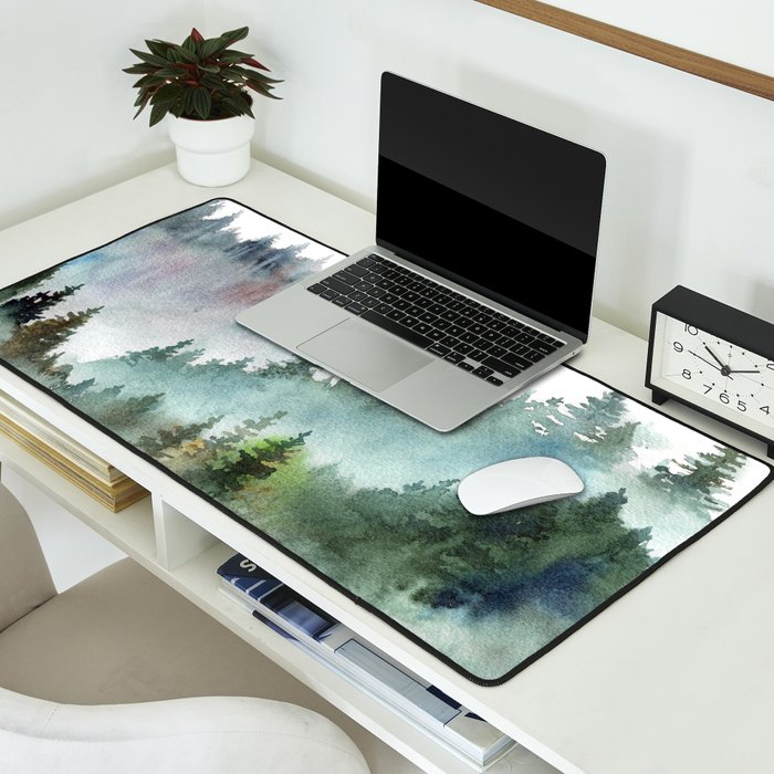 Watercolor Pine Forest Mountains in the Fog Desk Mat Gallery Image 2