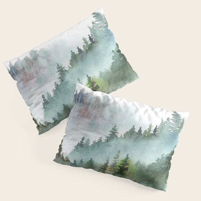 Watercolor Pine Forest Mountains in the Fog Pillow Sham Gallery Image 3