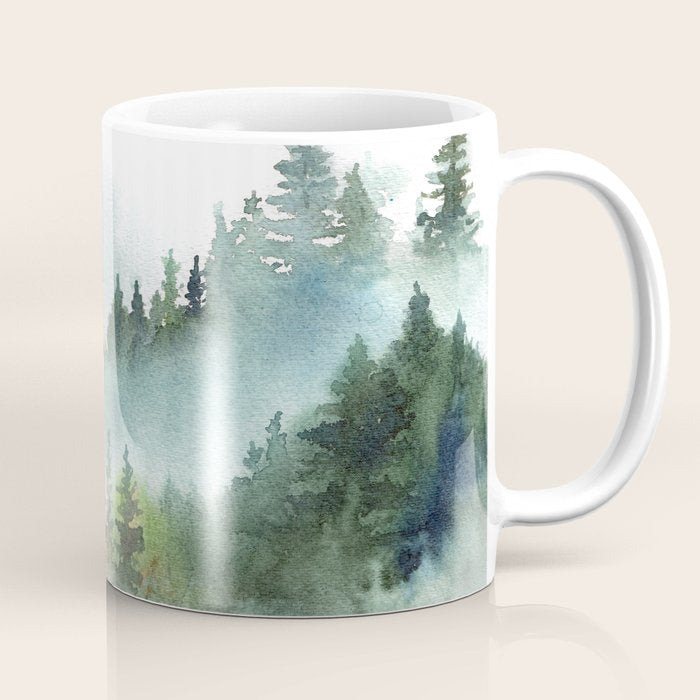 Watercolor Pine Forest Mountains in the Fog Coffee Mug Gallery Image 1