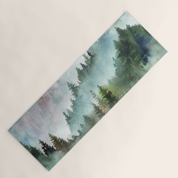 Watercolor Pine Forest Mountains in the Fog Yoga Mat Gallery Image 1