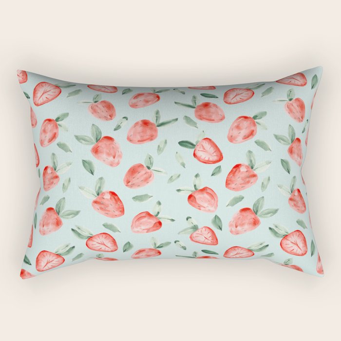 Watercolor painting of tropical strawberries on light greenish blue pattern Rectangular Pillow Gallery Image 1