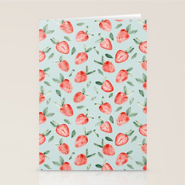 Watercolor painting of tropical strawberries on light greenish blue pattern Stationery Card Gallery Image 1