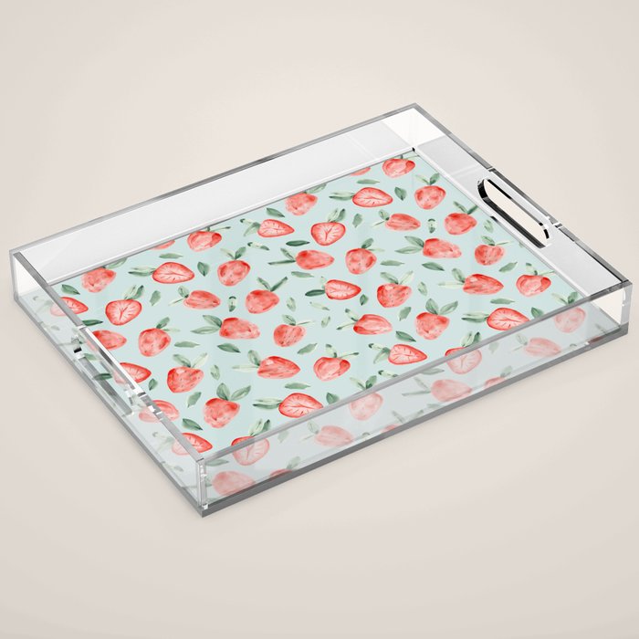 Watercolor painting of tropical strawberries on light greenish blue pattern Acrylic Tray Gallery Image 1