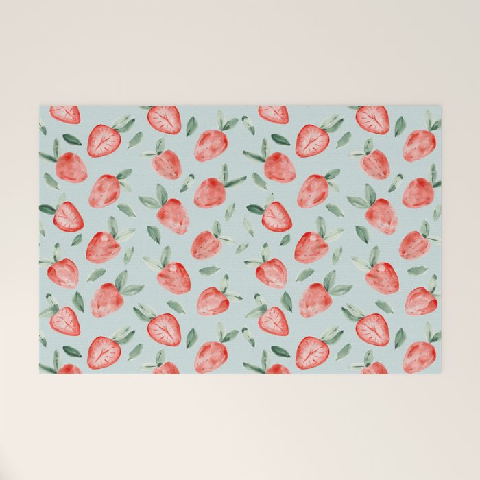 Watercolor painting of tropical strawberries on light greenish blue pattern Welcome Mat Gallery Image 1