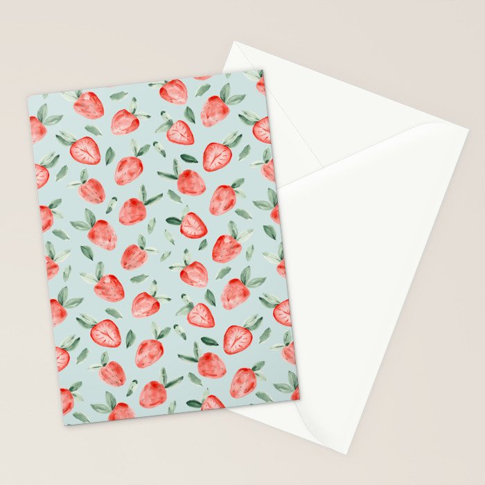 Watercolor painting of tropical strawberries on light greenish blue pattern Stationery Card Gallery Image 2