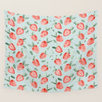 Watercolor painting of tropical strawberries on light greenish blue pattern Wall Tapestry Gallery Image 4