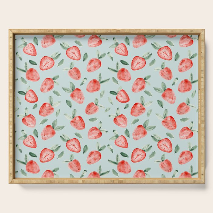 Watercolor painting of tropical strawberries on light greenish blue pattern Serving Tray Gallery Image 1
