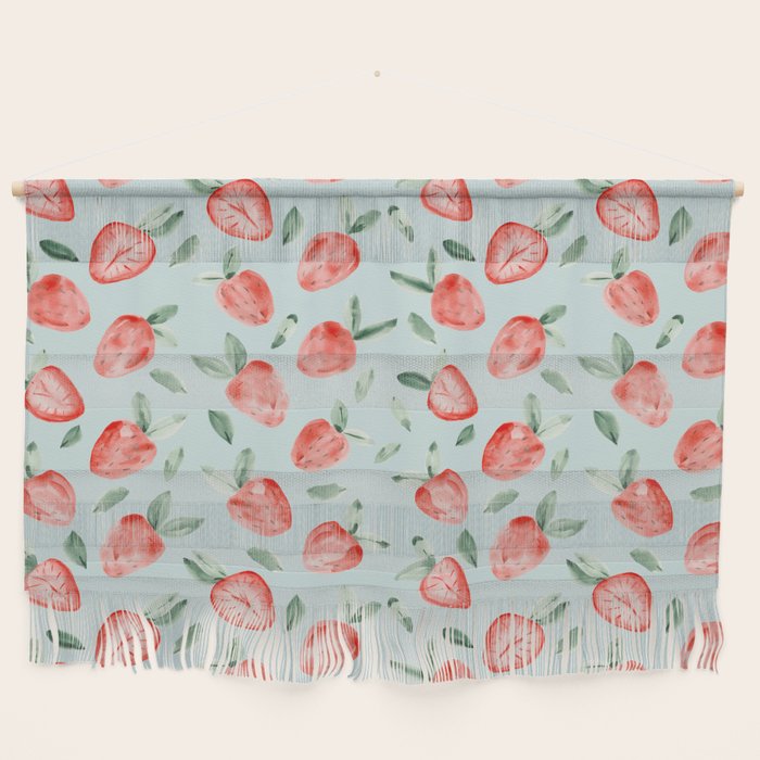 Watercolor painting of tropical strawberries on light greenish blue pattern Wall Hanging Gallery Image 1