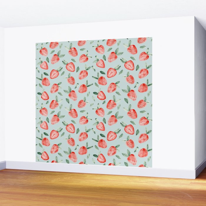Watercolor painting of tropical strawberries on light greenish blue pattern Wall Mural Gallery Image 2