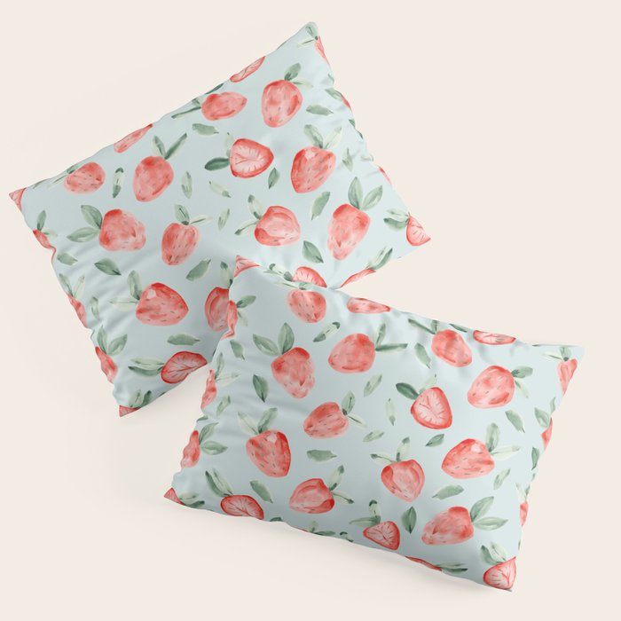 Watercolor painting of tropical strawberries on light greenish blue pattern Pillow Sham Gallery Image 3