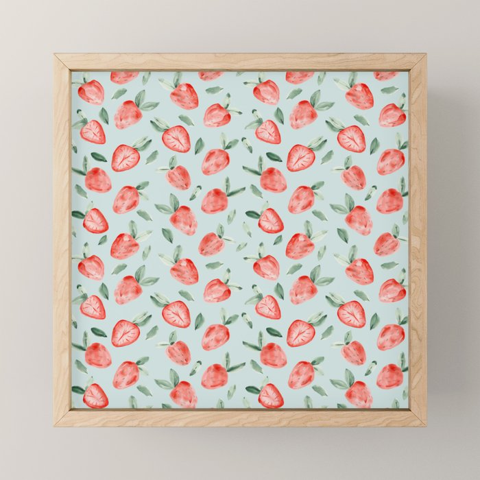 Watercolor painting of tropical strawberries on light greenish blue pattern Mini Art Print Gallery Image 1