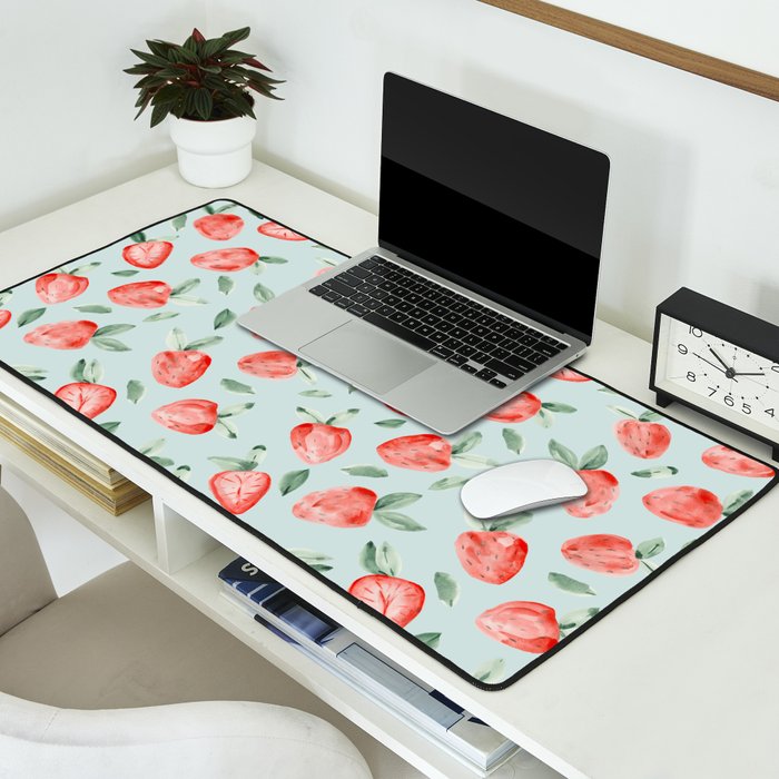 Watercolor painting of tropical strawberries on light greenish blue pattern Desk Mat Gallery Image 2
