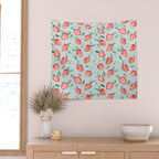 Watercolor painting of tropical strawberries on light greenish blue pattern Wall Tapestry Gallery Image 2