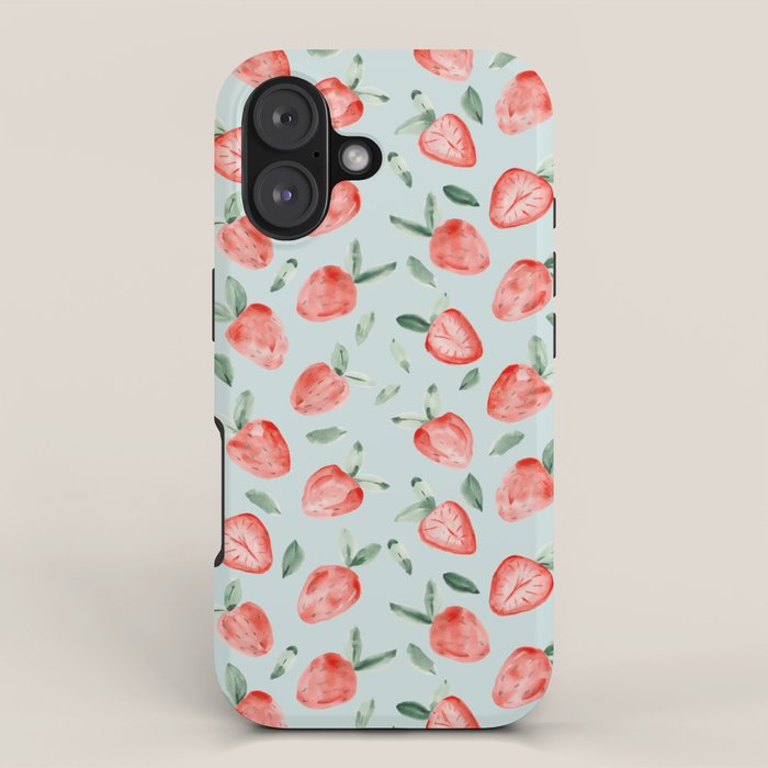 Watercolor painting of tropical strawberries on light greenish blue pattern iPhone Case Gallery Image 1
