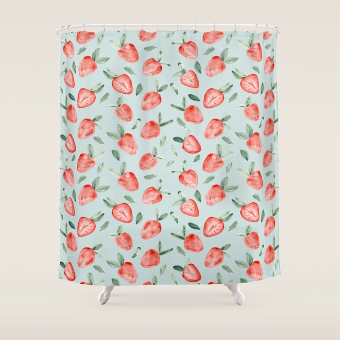 Watercolor painting of tropical strawberries on light greenish blue pattern Shower Curtain Gallery Image 1
