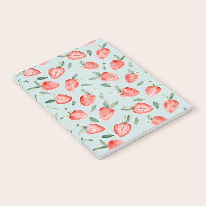 Watercolor painting of tropical strawberries on light greenish blue pattern Notebook Gallery Image 2