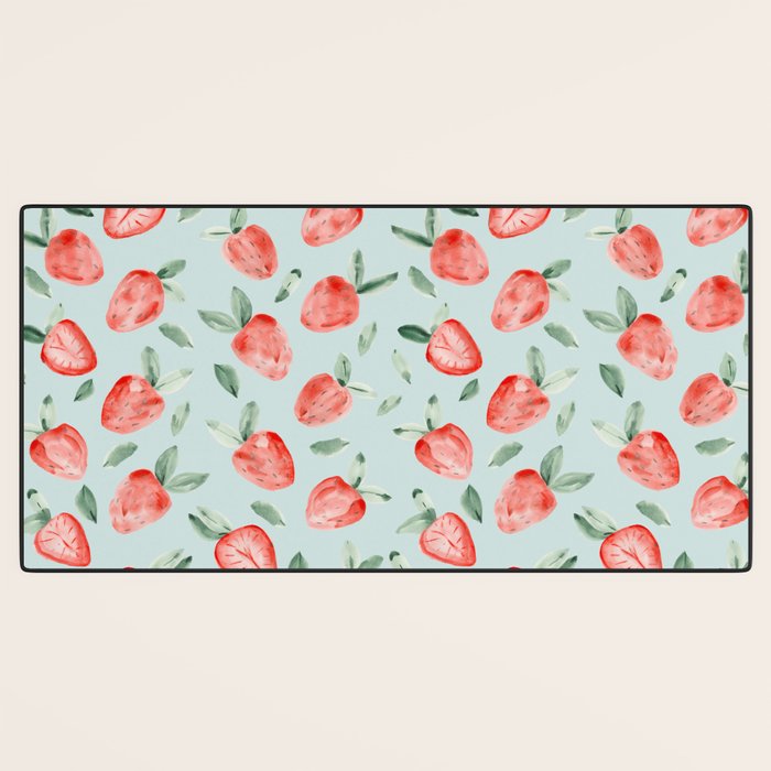 Watercolor painting of tropical strawberries on light greenish blue pattern Desk Mat Gallery Image 3