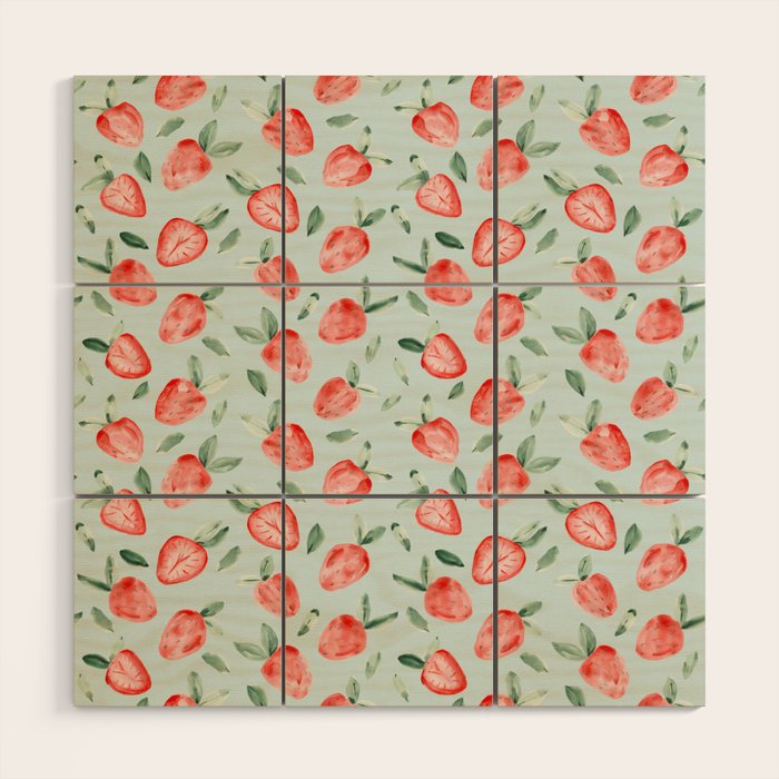 Watercolor painting of tropical strawberries on light greenish blue pattern Wood Wall Art Gallery Image 1