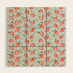 Watercolor painting of tropical strawberries on light greenish blue pattern Wood Wall Art Gallery Image 1