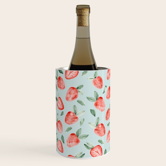 Watercolor painting of tropical strawberries on light greenish blue pattern Wine Chiller Gallery Image 3