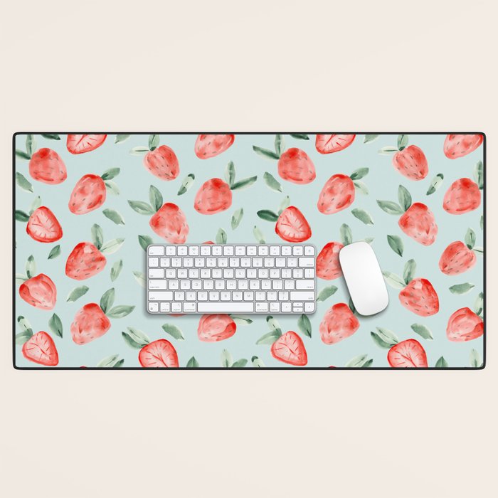 Watercolor painting of tropical strawberries on light greenish blue pattern Desk Mat Gallery Image 1