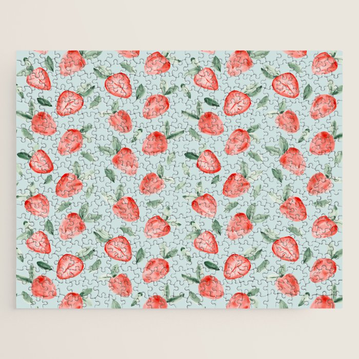 Watercolor painting of tropical strawberries on light greenish blue pattern Jigsaw Puzzle Gallery Image 1