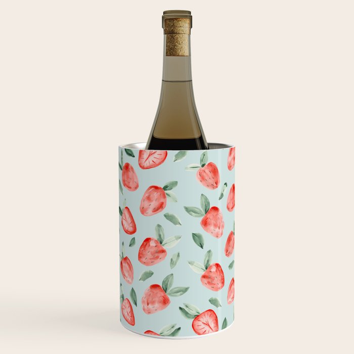 Watercolor painting of tropical strawberries on light greenish blue pattern Wine Chiller Gallery Image 2