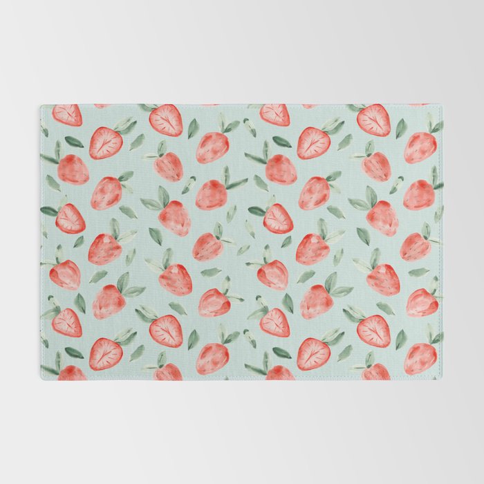 Watercolor painting of tropical strawberries on light greenish blue pattern Rug Gallery Image 2
