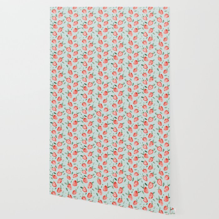 Watercolor painting of tropical strawberries on light greenish blue pattern Wallpaper Gallery Image 2