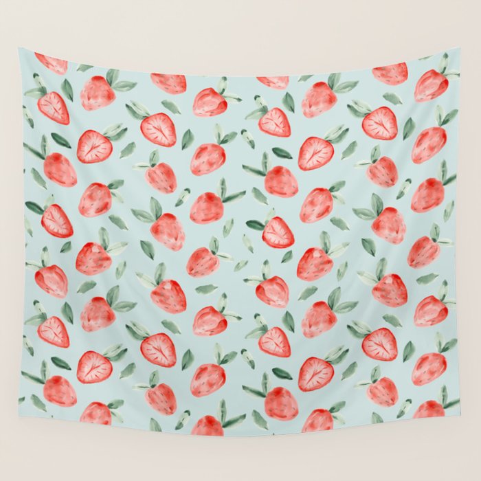 Watercolor painting of tropical strawberries on light greenish blue pattern Wall Tapestry Gallery Image 1