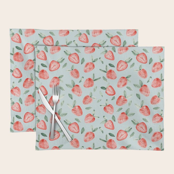 Watercolor painting of tropical strawberries on light greenish blue pattern Placemat Gallery Image 1