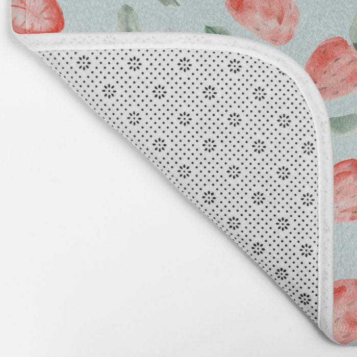 Watercolor painting of tropical strawberries on light greenish blue pattern Bath Mat Gallery Image 2