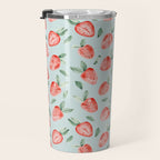 Watercolor painting of tropical strawberries on light greenish blue pattern Travel Mug Gallery Image 3