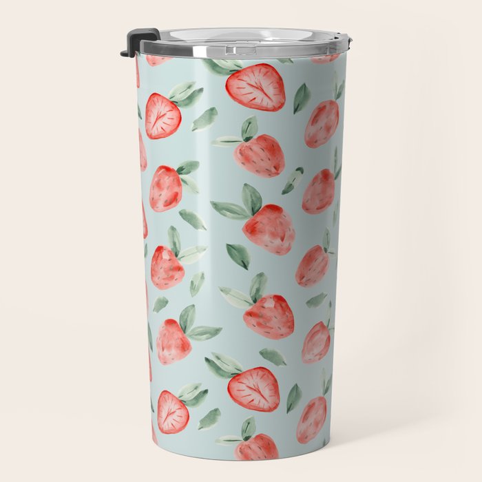 Watercolor painting of tropical strawberries on light greenish blue pattern Travel Mug Gallery Image 3