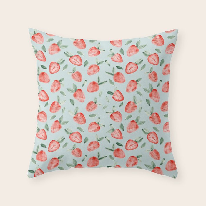 Watercolor painting of tropical strawberries on light greenish blue pattern Throw Pillow Gallery Image 6