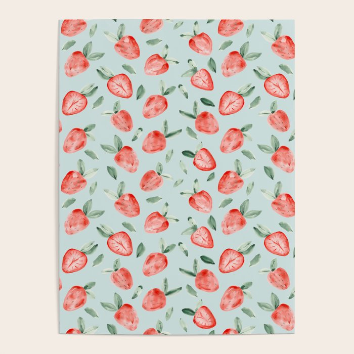 Watercolor painting of tropical strawberries on light greenish blue pattern Poster Gallery Image 1