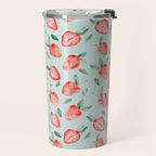 Watercolor painting of tropical strawberries on light greenish blue pattern Travel Mug Gallery Image 2