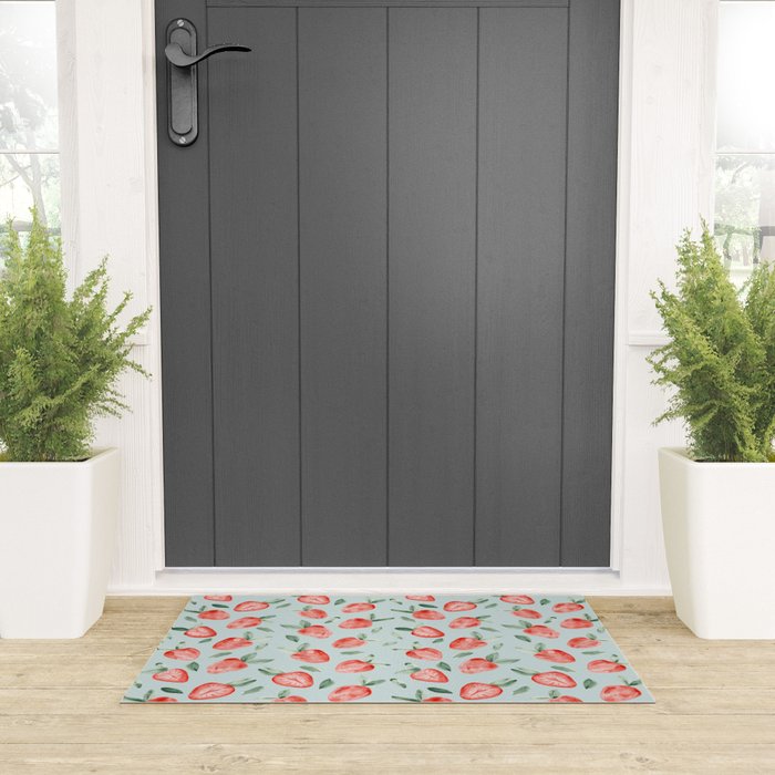 Watercolor painting of tropical strawberries on light greenish blue pattern Welcome Mat Gallery Image 3