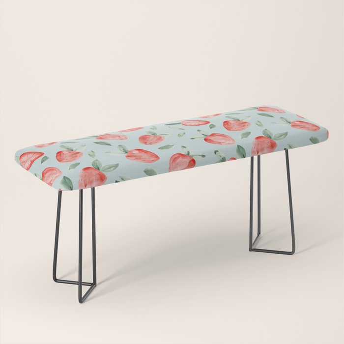 Watercolor painting of tropical strawberries on light greenish blue pattern Bench Gallery Image 1