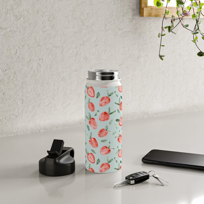 Watercolor painting of tropical strawberries on light greenish blue pattern Water Bottle Gallery Image 5