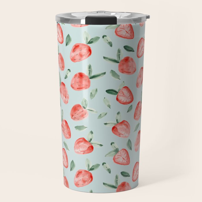Watercolor painting of tropical strawberries on light greenish blue pattern Travel Mug Gallery Image 1