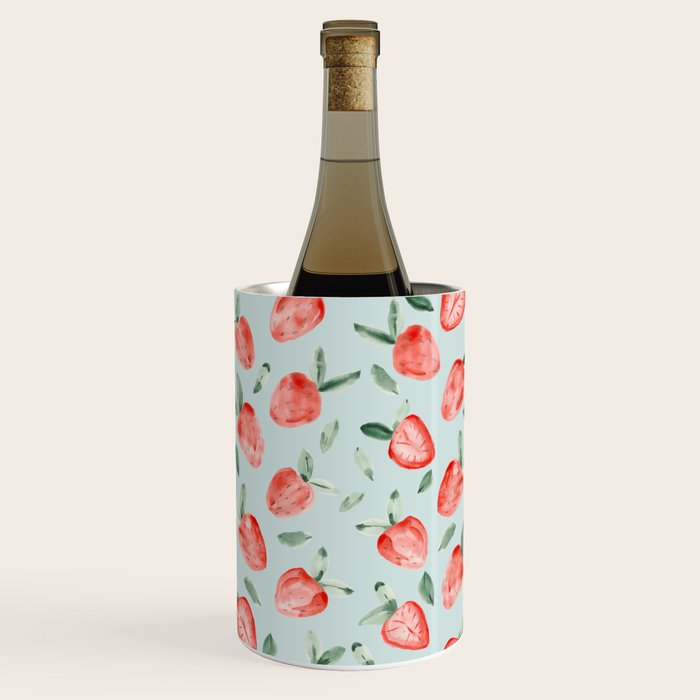 Watercolor painting of tropical strawberries on light greenish blue pattern Wine Chiller Gallery Image 1