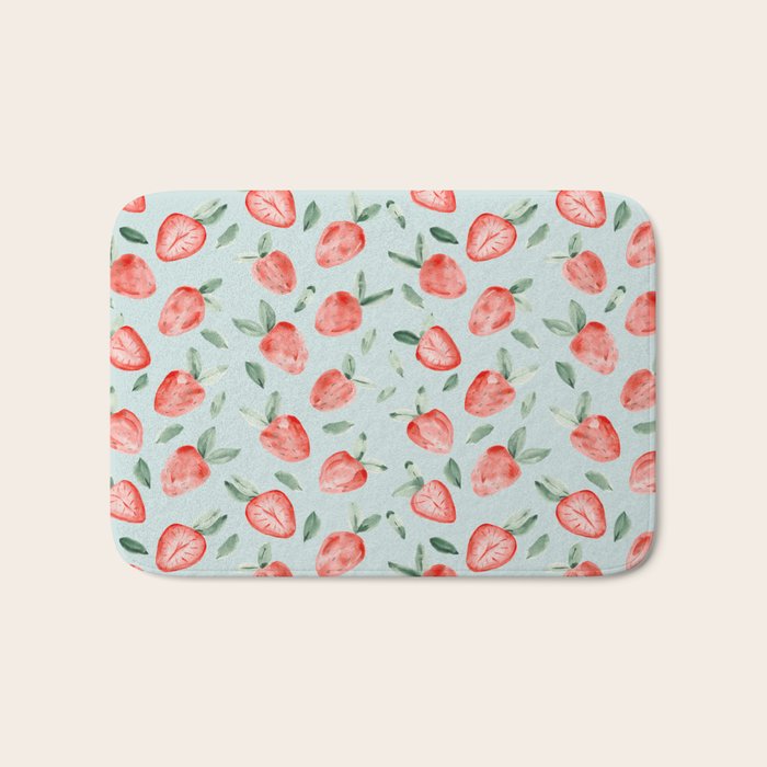 Watercolor painting of tropical strawberries on light greenish blue pattern Bath Mat Gallery Image 1