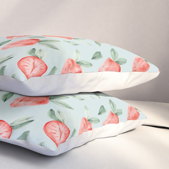 Watercolor painting of tropical strawberries on light greenish blue pattern Pillow Sham Gallery Image 3