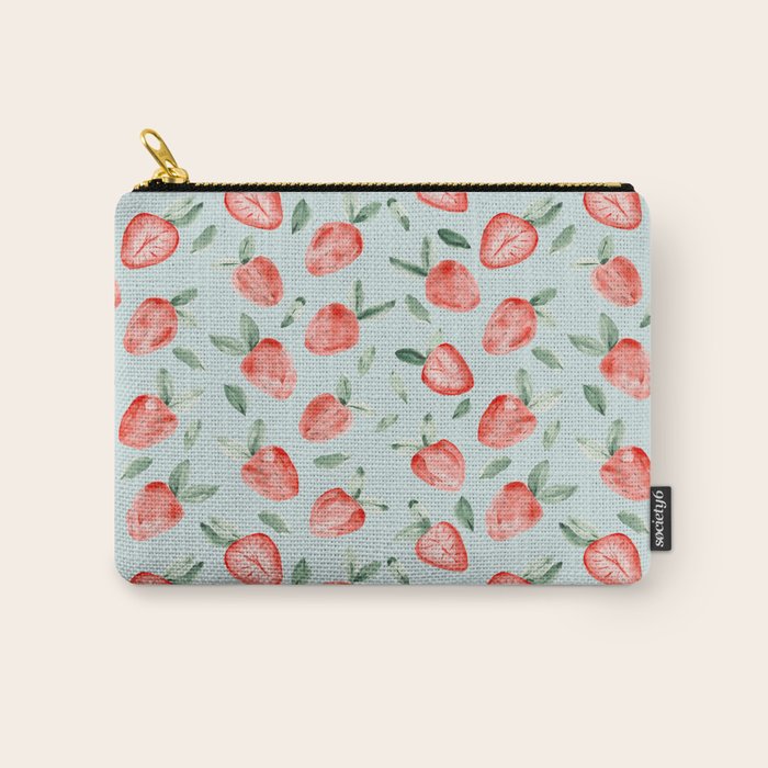 Watercolor painting of tropical strawberries on light greenish blue pattern Carry All Pouch Gallery Image 1