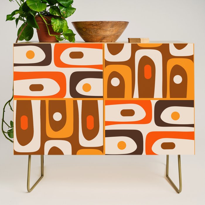 Mid Century Modern Piquet Retro Abstract Multi Pattern in 70s Orange and Brown Credenza Gallery Image 1