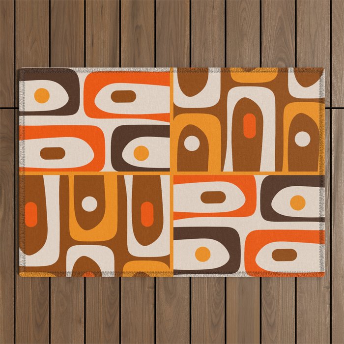 Mid Century Modern Piquet Retro Abstract Multi Pattern in 70s Orange and Brown Outdoor Rug Gallery Image 1