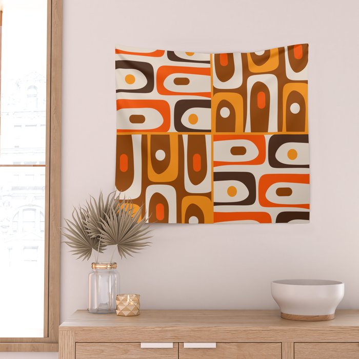 Mid Century Modern Piquet Retro Abstract Multi Pattern in 70s Orange and Brown Wall Tapestry Gallery Image 2